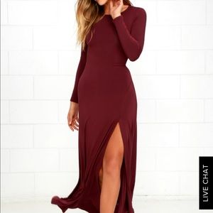 SWEPT AWAY BURGUNDY LONG SLEEVE MAXI DRESS. New!